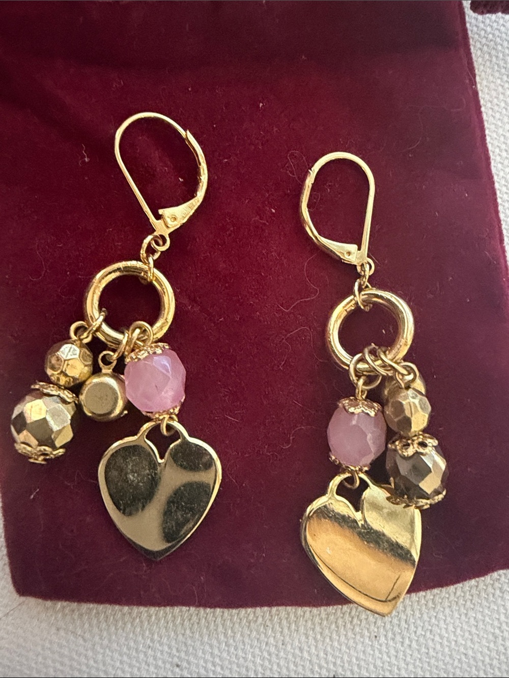 Gold Heart Drop Earrings with Pink and Gold Beads